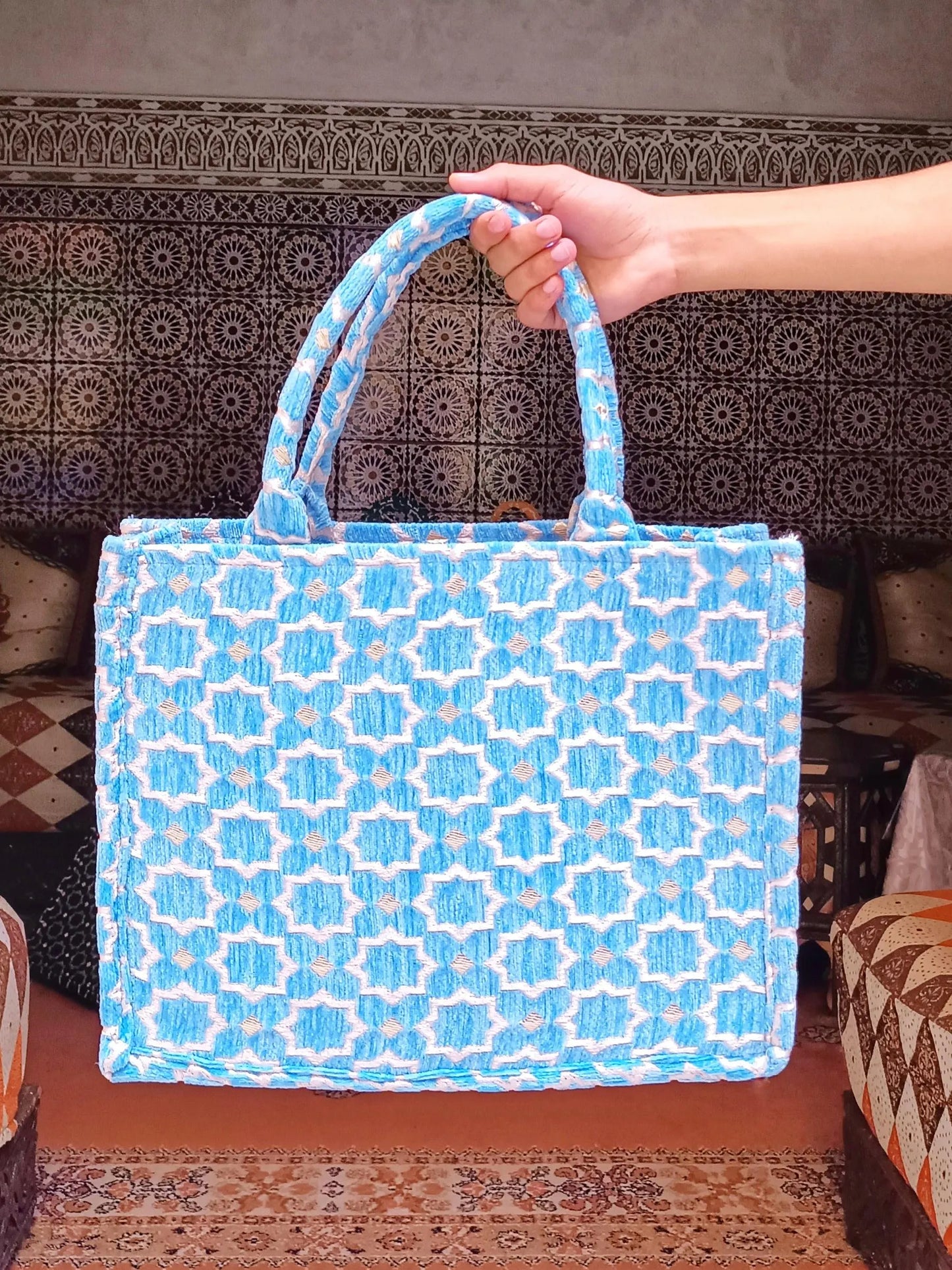 Handmade Moroccan Tote Bag: Zellij Tile Design, Eco-Friendly