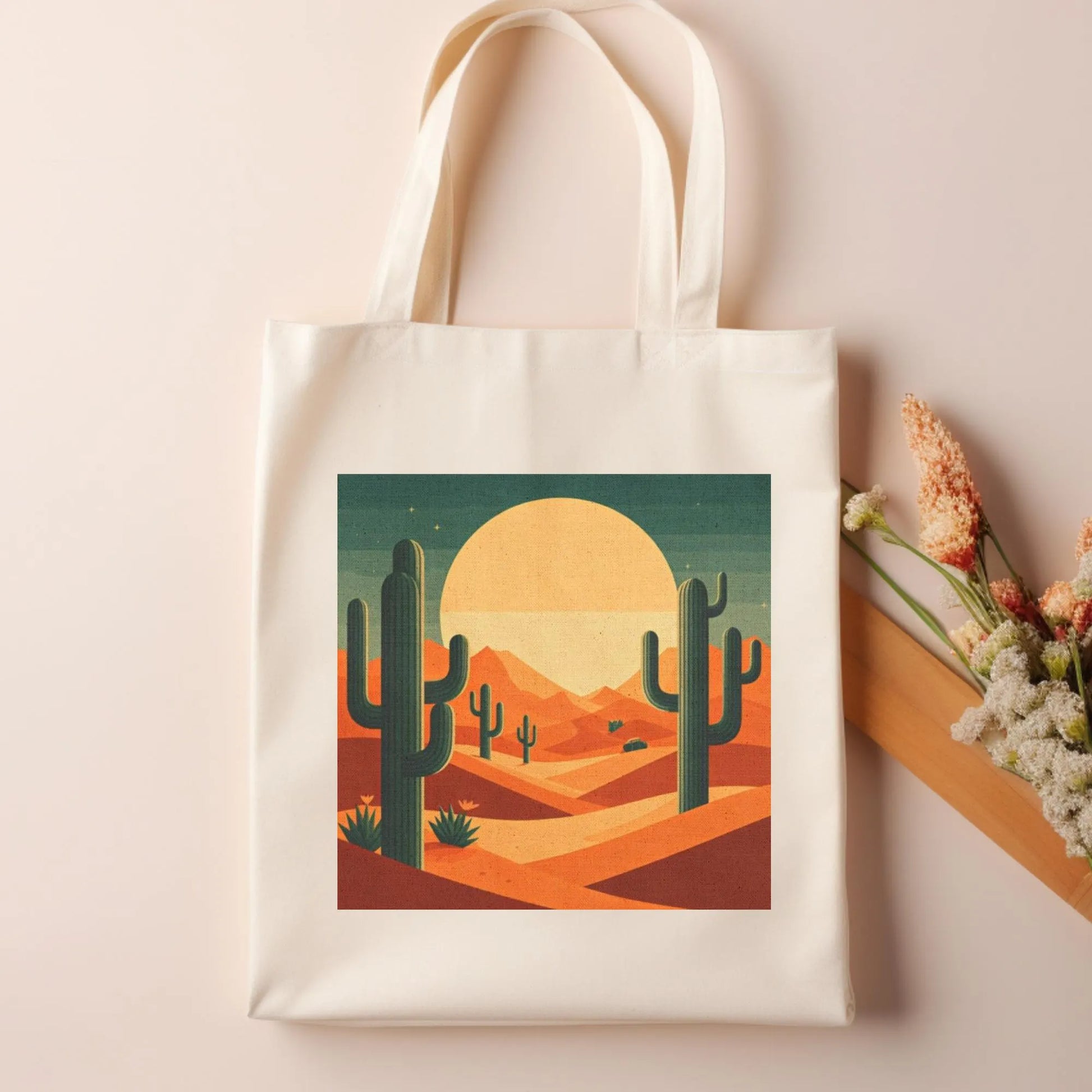 Desert Sunset Cactus Art Cotton Tote Bag, Eco-Friendly Shopping Bag