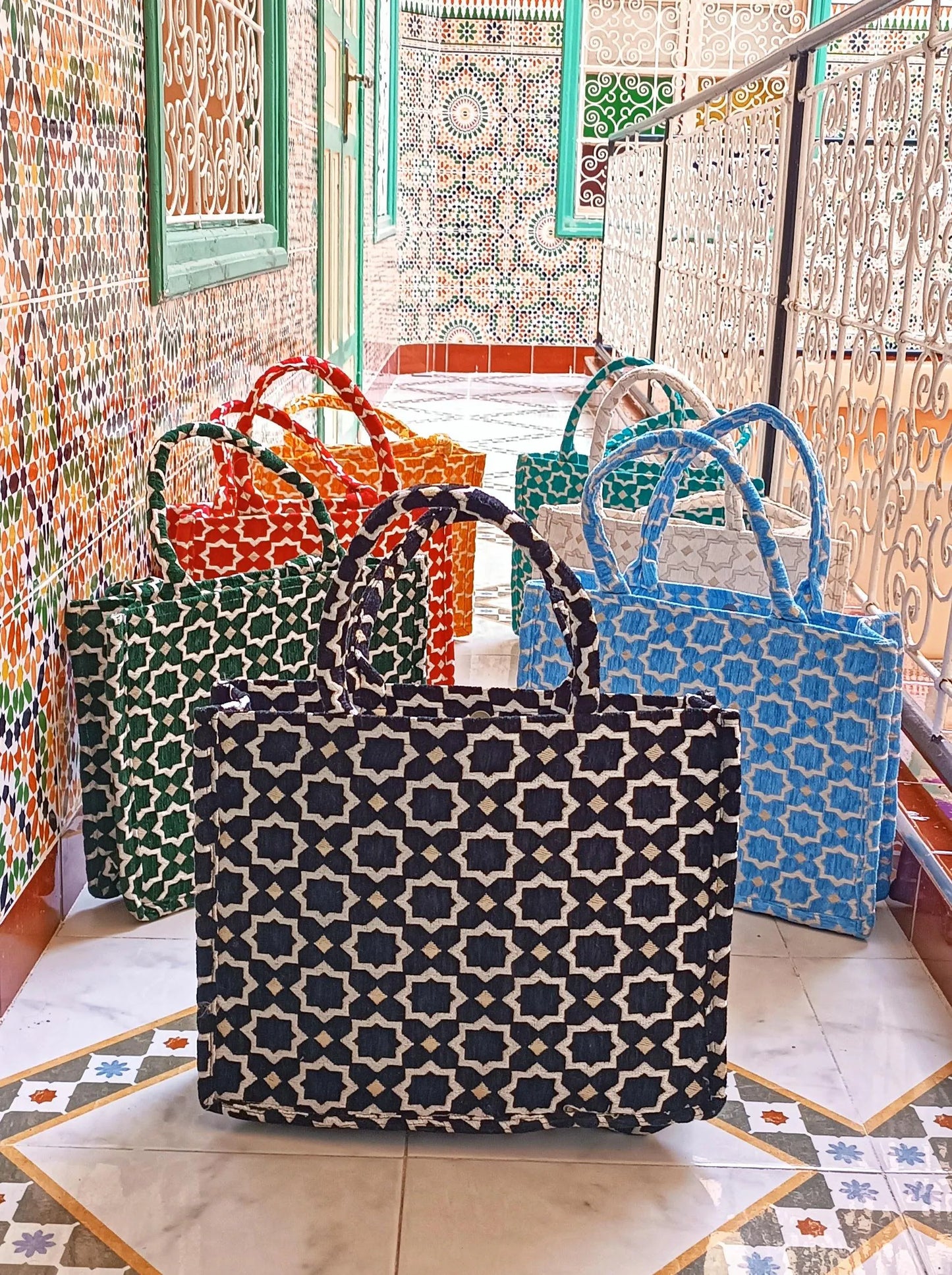 Handmade Moroccan Tote Bag: Zellij Tile Design, Eco-Friendly