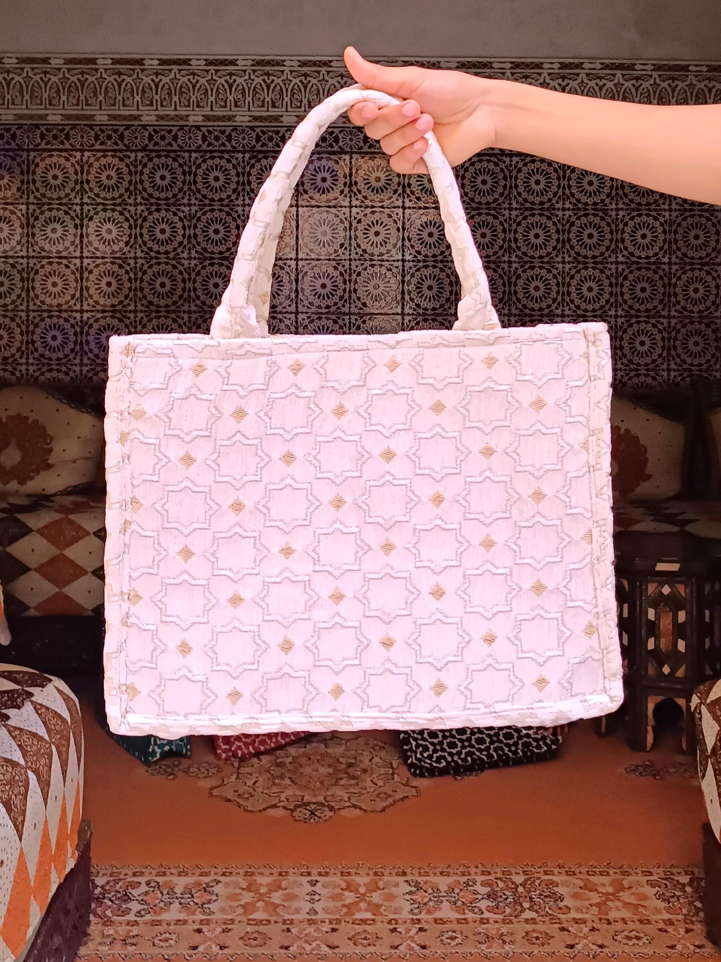 Handmade Moroccan Tote Bag: Zellij Tile Design, Eco-Friendly