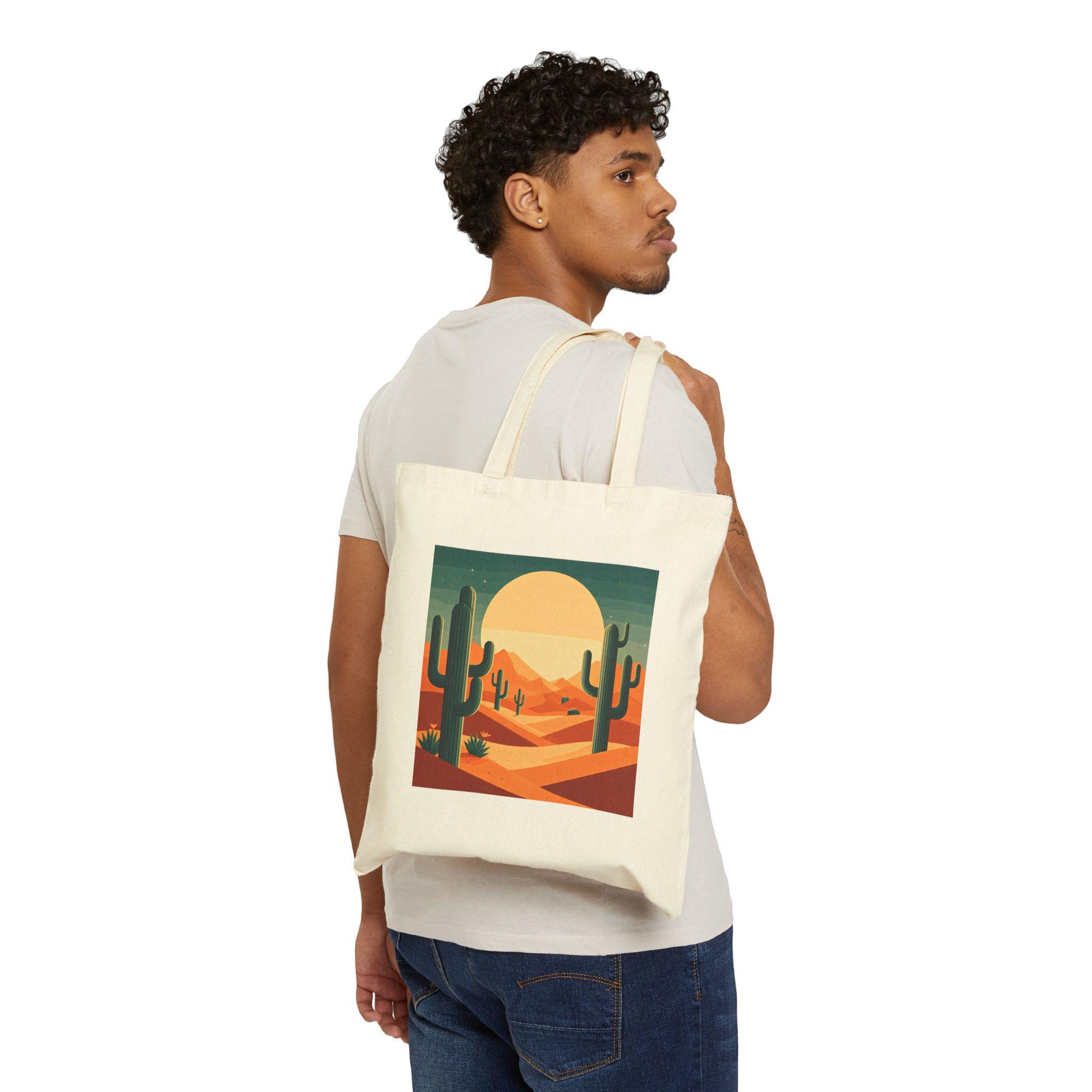 Desert Sunset Cactus Art Cotton Tote Bag, Eco-Friendly Shopping Bag