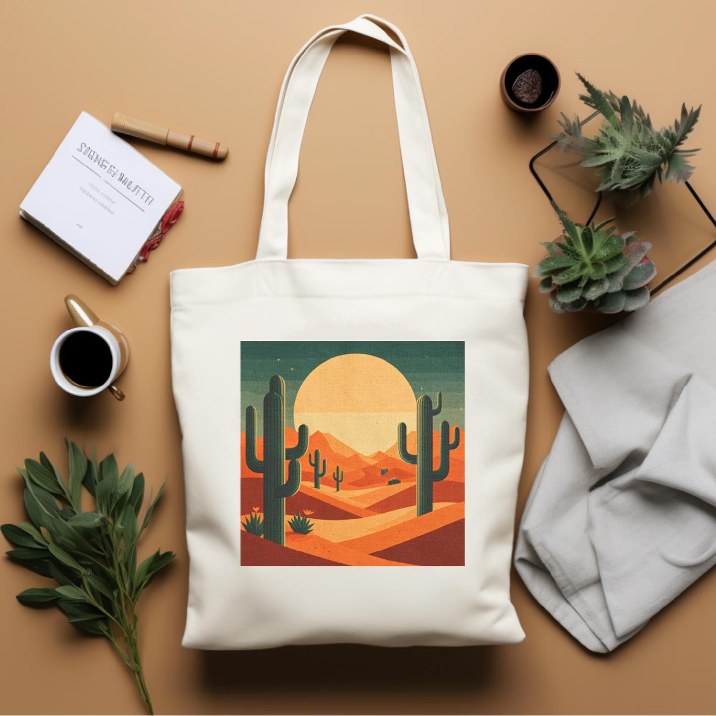 Desert Sunset Cactus Art Cotton Tote Bag, Eco-Friendly Shopping Bag
