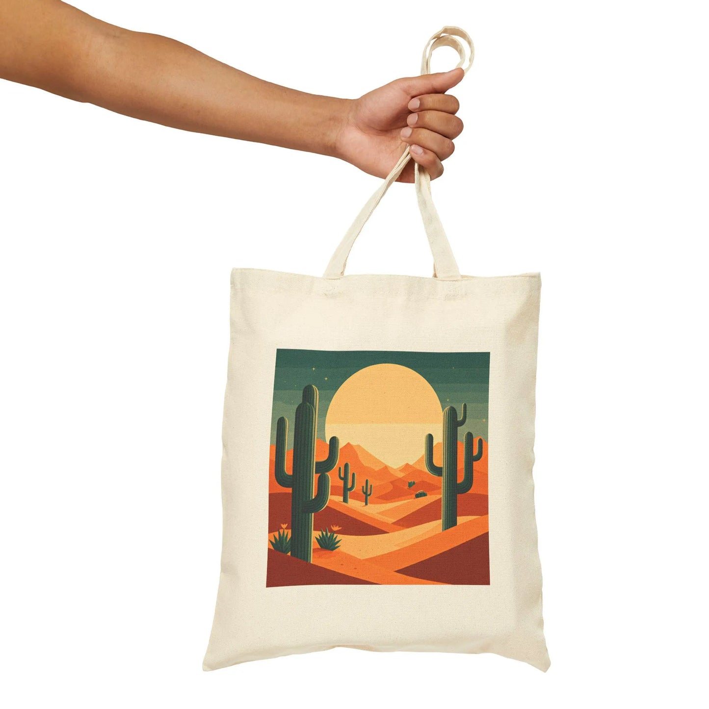 Desert Sunset Cactus Art Cotton Tote Bag, Eco-Friendly Shopping Bag