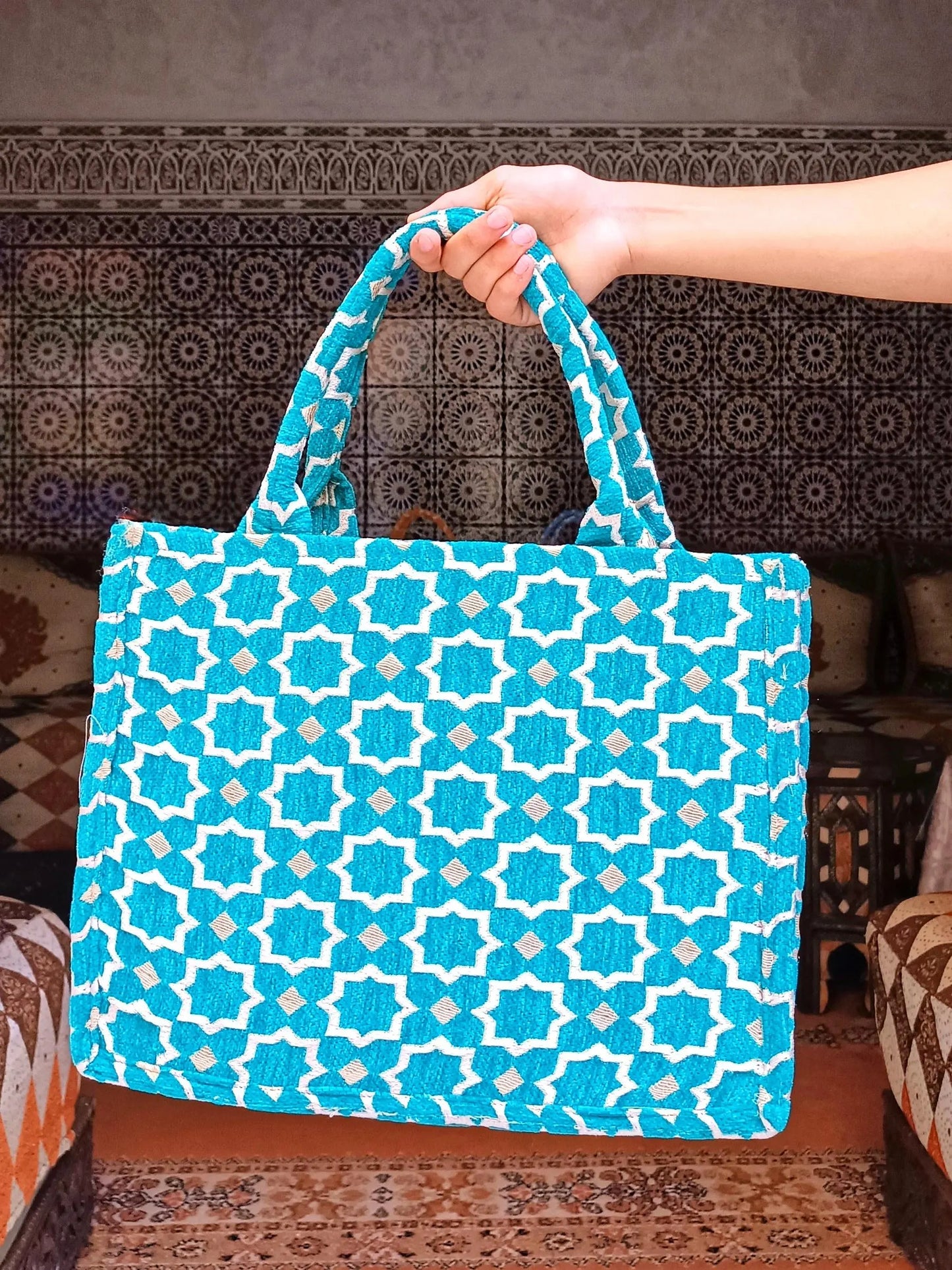 Handmade Moroccan Tote Bag: Zellij Tile Design, Eco-Friendly